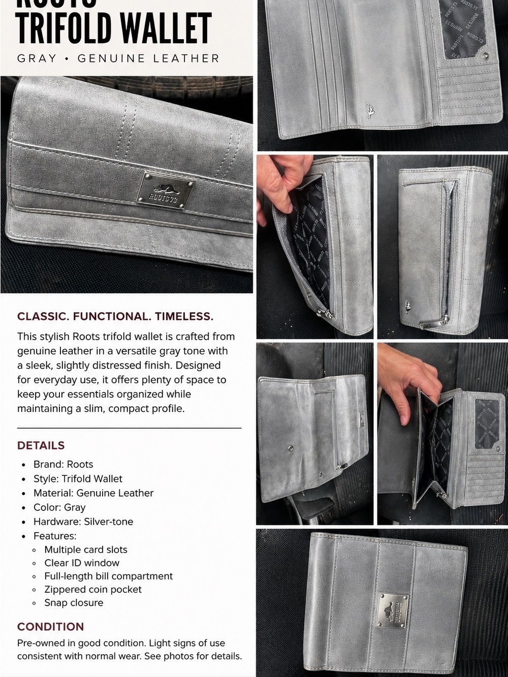 “Giveaway”Roots Gray Genuine Leather Trifold Wallet with Silver-Tone Hardware